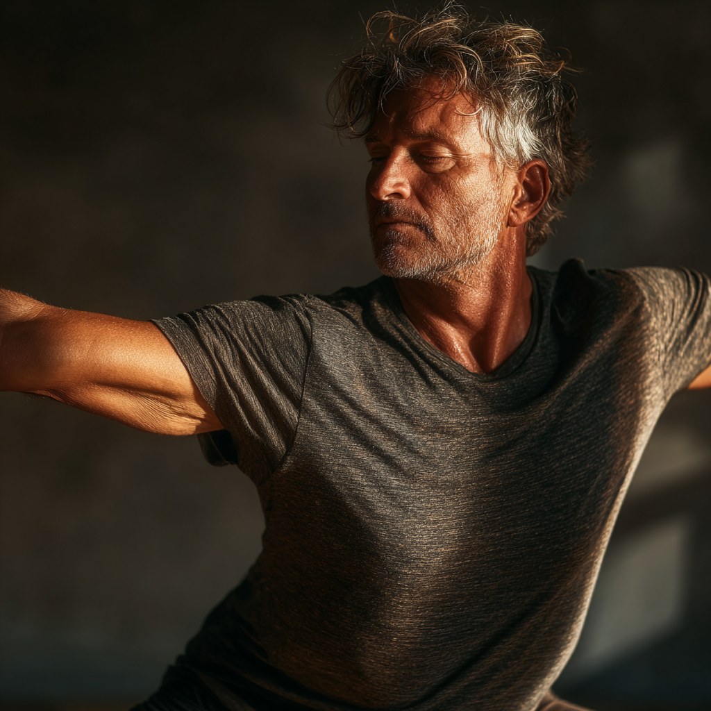 Focused mature man in his 50s practicing yoga warrior pose demonstrating strength and balance in natural lighting