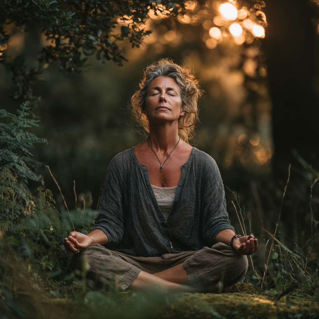 Peaceful middle-aged woman in her 40s in lotus meditation position surrounded by serene natural environment