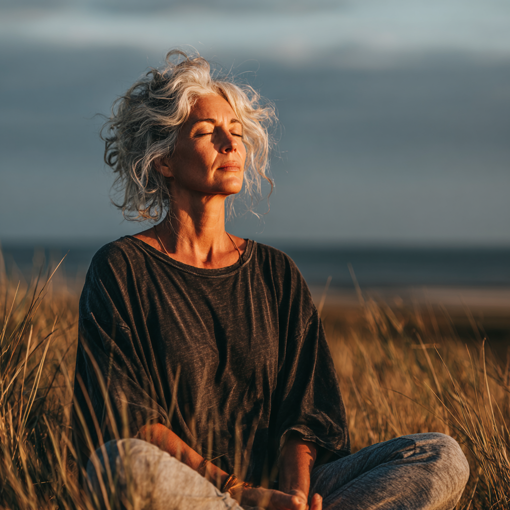 Serene middle-aged woman in her 40s practicing yoga meditation pose in peaceful natural setting